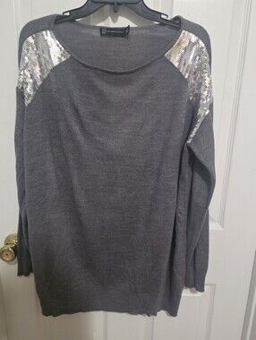 New York & Company Gray Sweater with Silver Sequin Shoulder Panels